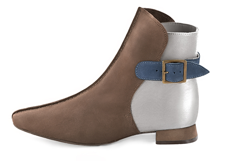 Chocolate brown, light silver and denim blue women's ankle boots with buckles at the back. Square toe. Flat flare heels. Profile view - Florence KOOIJMAN